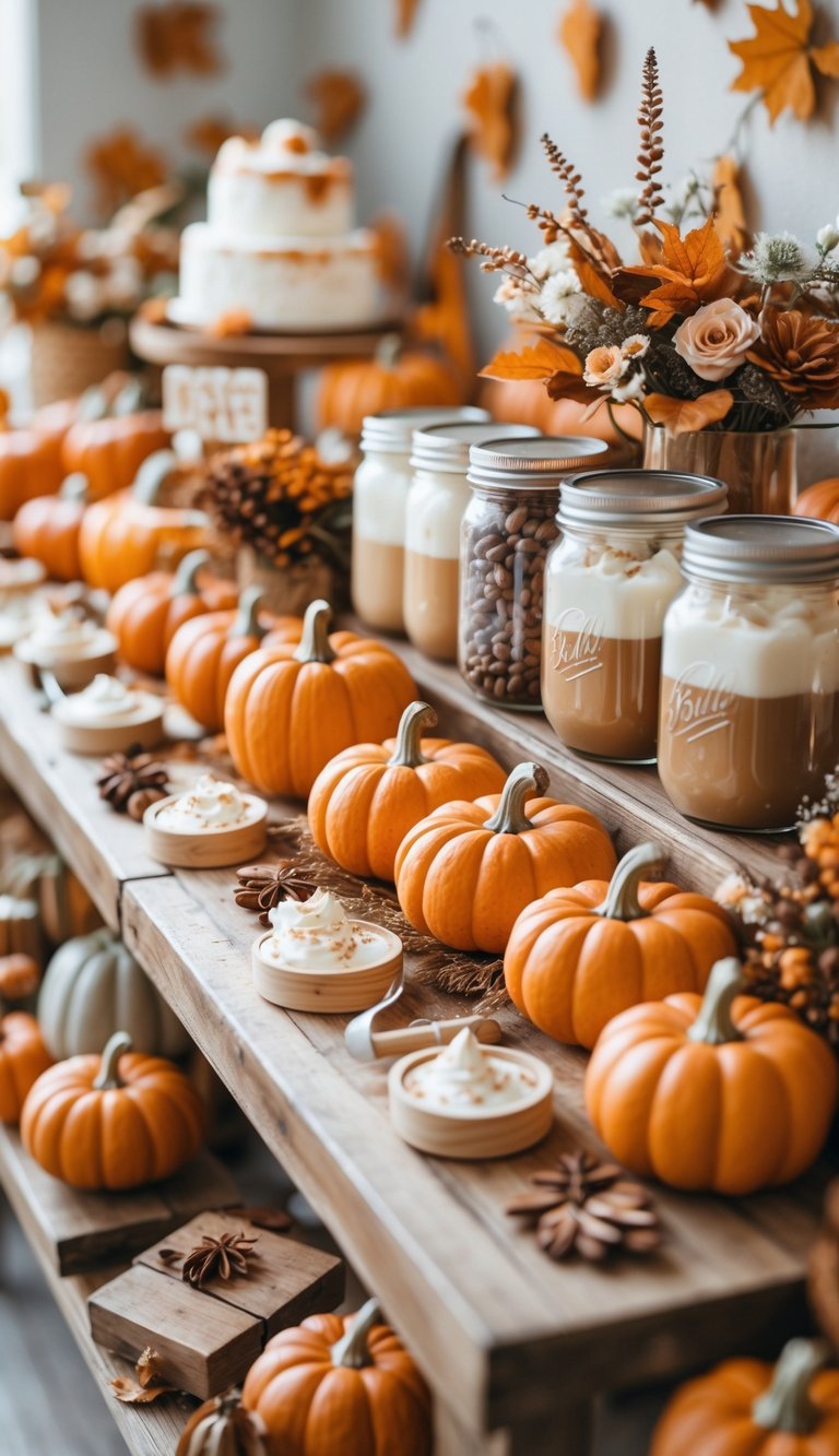 A pumpkin spice latte bar station decorated with small pumpkins and autumn-themed decorations for a baby shower.